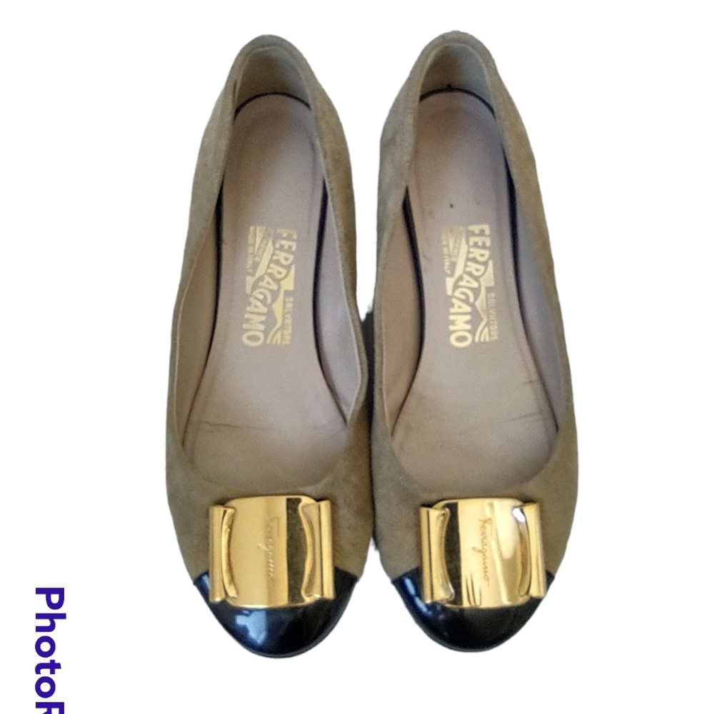 Ferragamo 6.5 cap toe suede quilted ballet flats